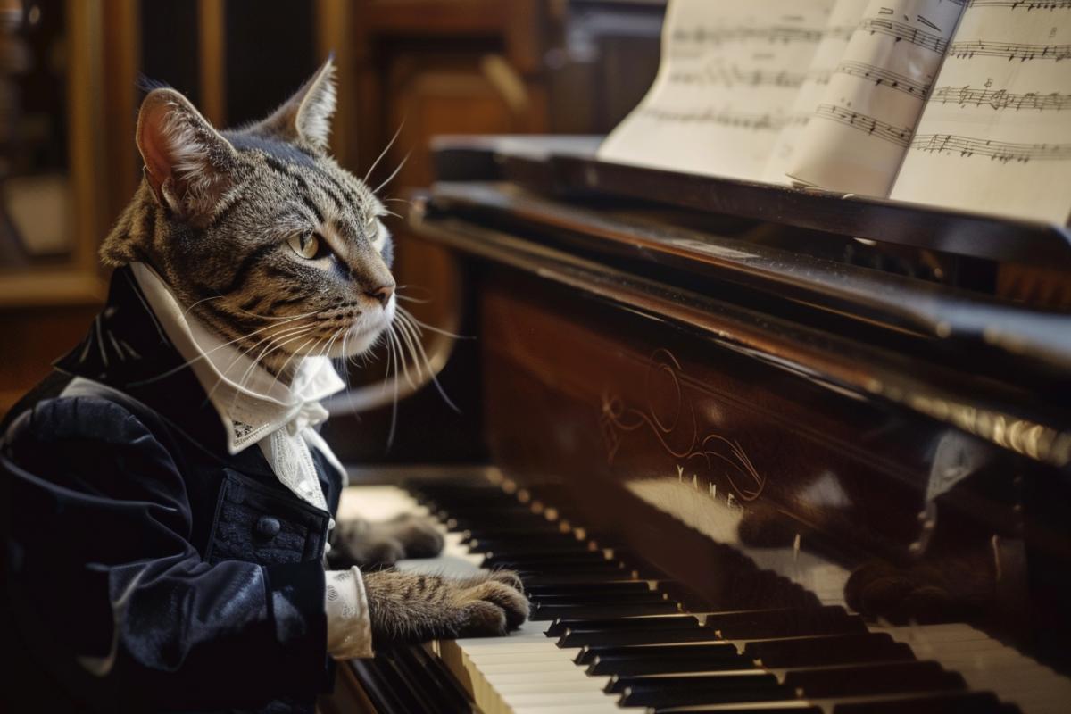 A very beautiful anthropomorphic cat in a classic concert tailcoat, sitting at the piano in the concert hall, performs classical music.