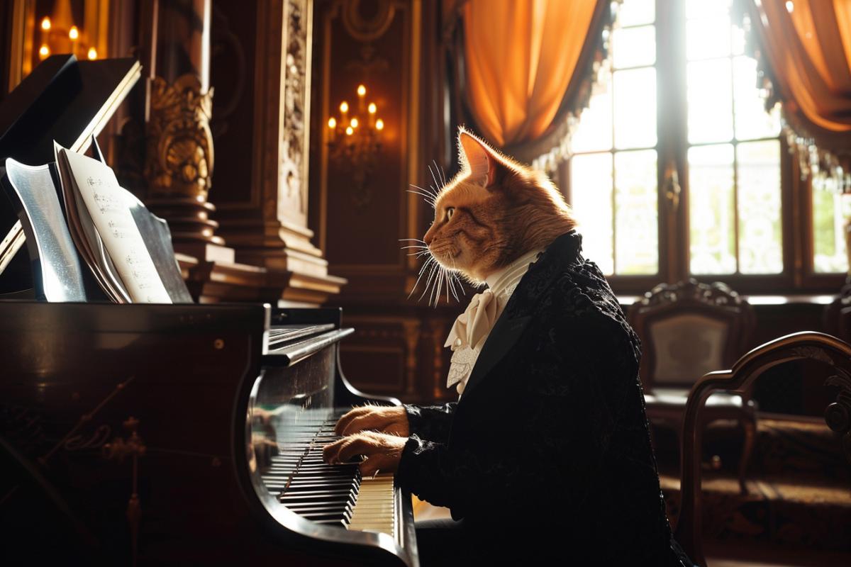 A very beautiful anthropomorphic cat in a classic concert tailcoat, sitting at the piano in the concert hall, performs classical music.