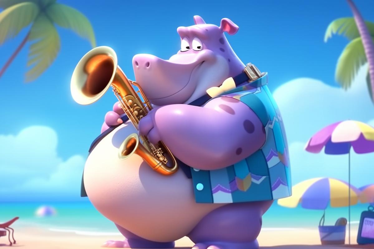 A very beautiful anthropomorphic hippopotamus in a bright concert tailcoat, performs the blues on a saxophone, in front of an audience on the beach