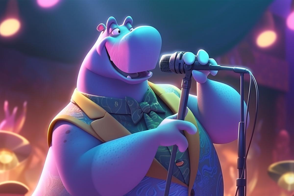 A very beautiful anthropomorphic hippopotamus in a bright concert tailcoat, performs the blues on a saxophone, in front of an audience on the beach