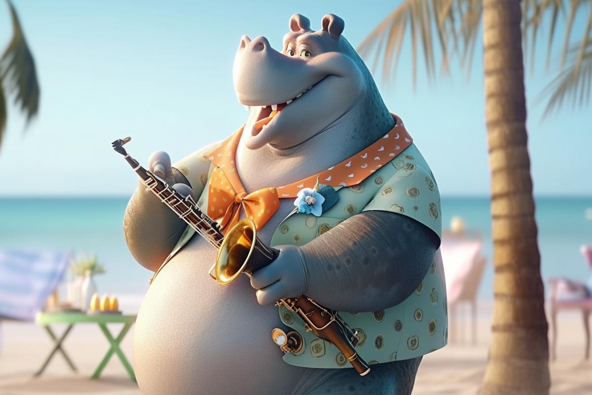 A very beautiful anthropomorphic hippopotamus in a bright concert tailcoat, performs the blues on a saxophone, in front of an audience on the beach