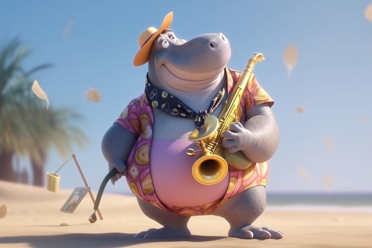 A very beautiful anthropomorphic hippopotamus in a bright concert tailcoat, performs the blues on a saxophone, in front of an audience on the beach