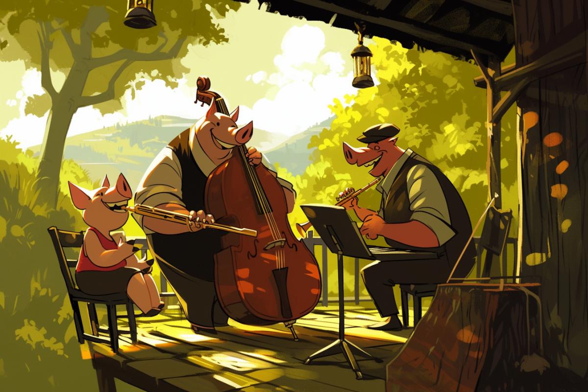 The Three Little Pigs Jazz Band.. play a concert on the outdoor summer stage in the park, cartoon