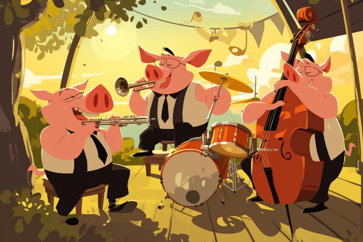 The Three Little Pigs Jazz Band.. play a concert on the outdoor summer stage in the park, cartoon