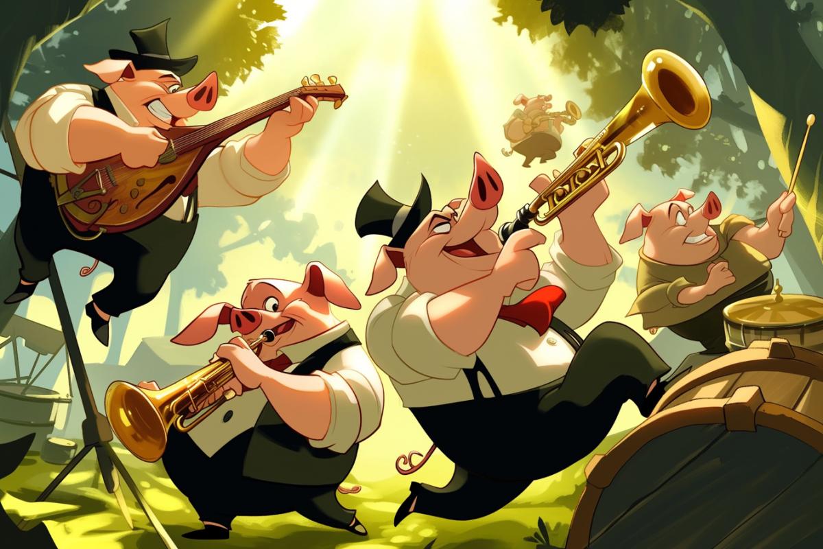 The Three Little Pigs Jazz Band.. play a concert on the outdoor summer stage in the park, cartoon
