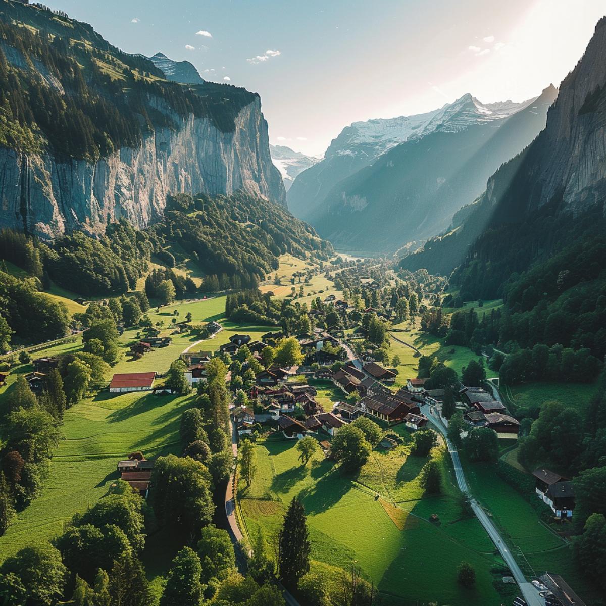 Birds eye view of Lautrebrunnen village in Switzerland