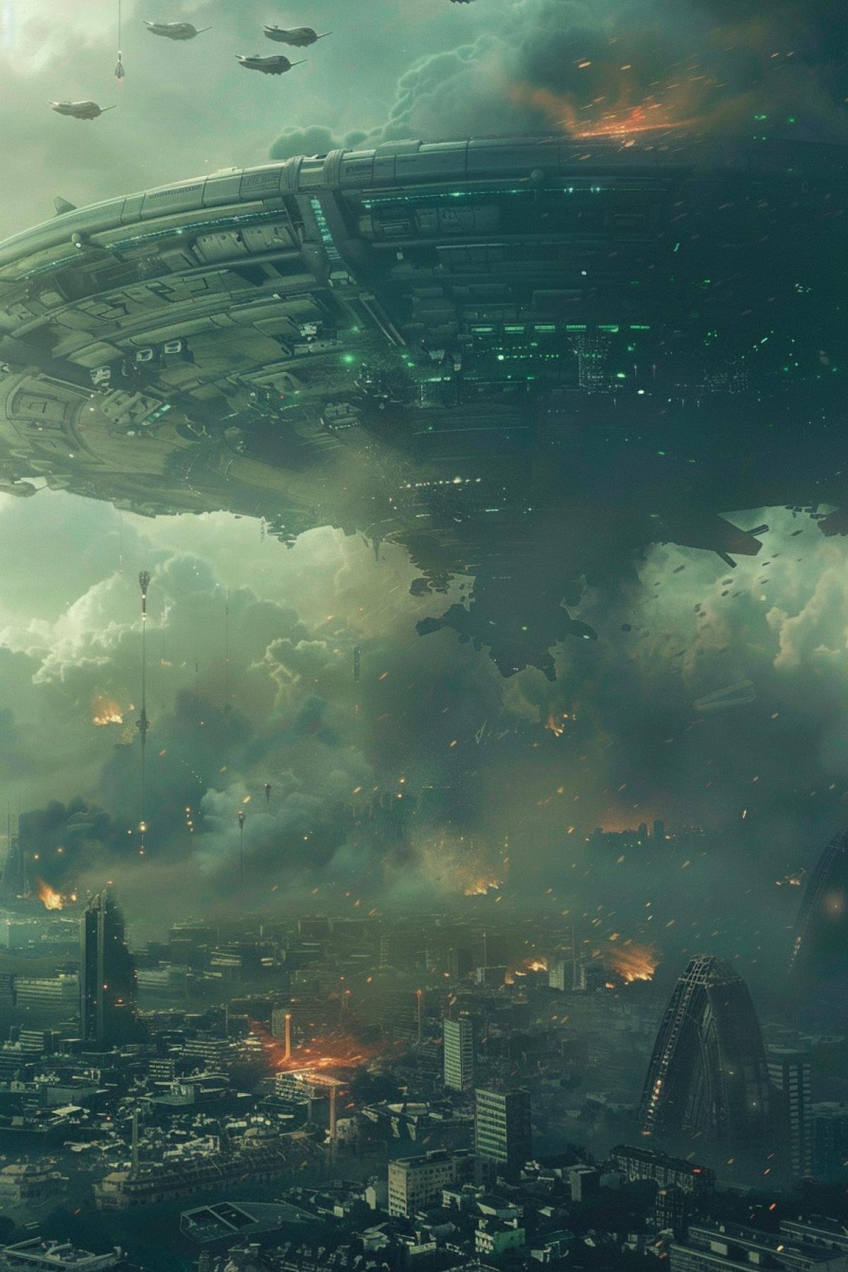 A birds eye view of the invasion of a huge alien ship on earth