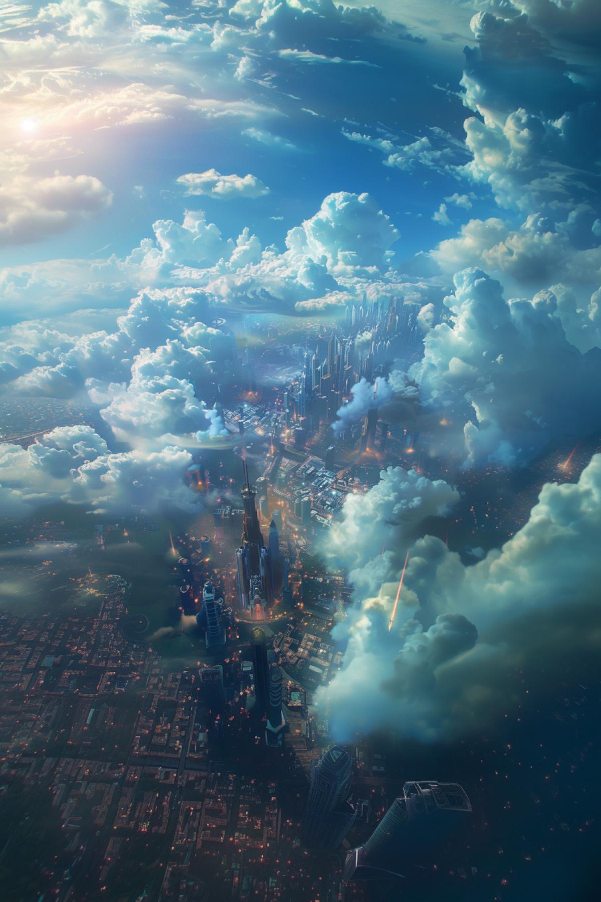 Stratosphere, view from above on a beautiful fairy-tale city, mythology, purity, HD quality