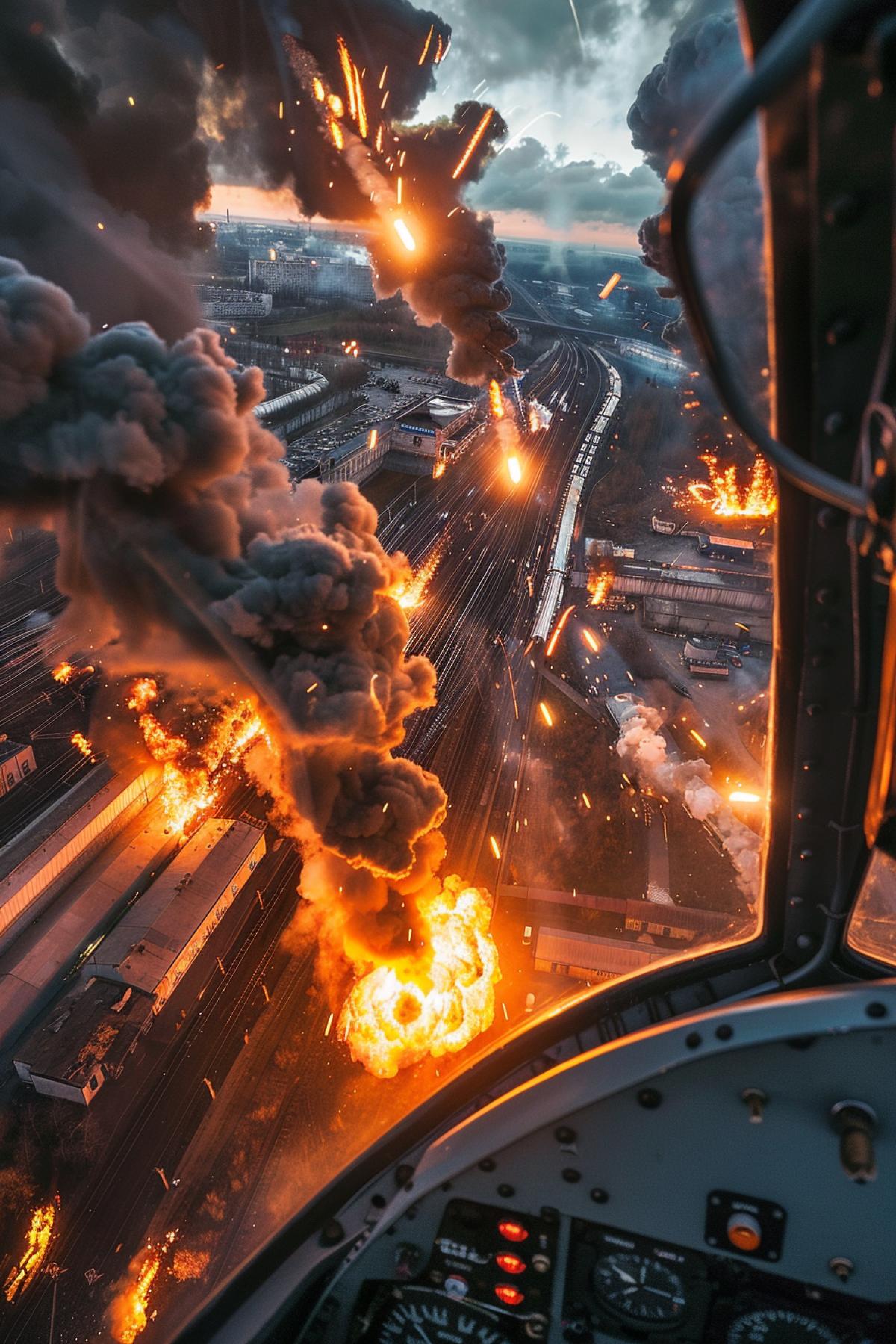 View at railway station with plenty of petrol tanks and at surrounding city fromrocketpit of diving 4k aircraft in on picket realistic photo death danger inner equipment of therocketpit on the foreground explosions on ground below