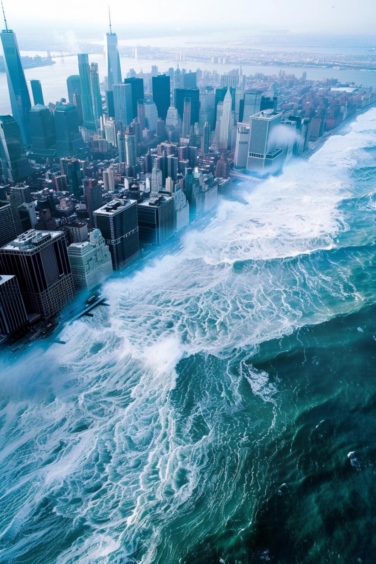 Tsunami covers New York, birds eye view