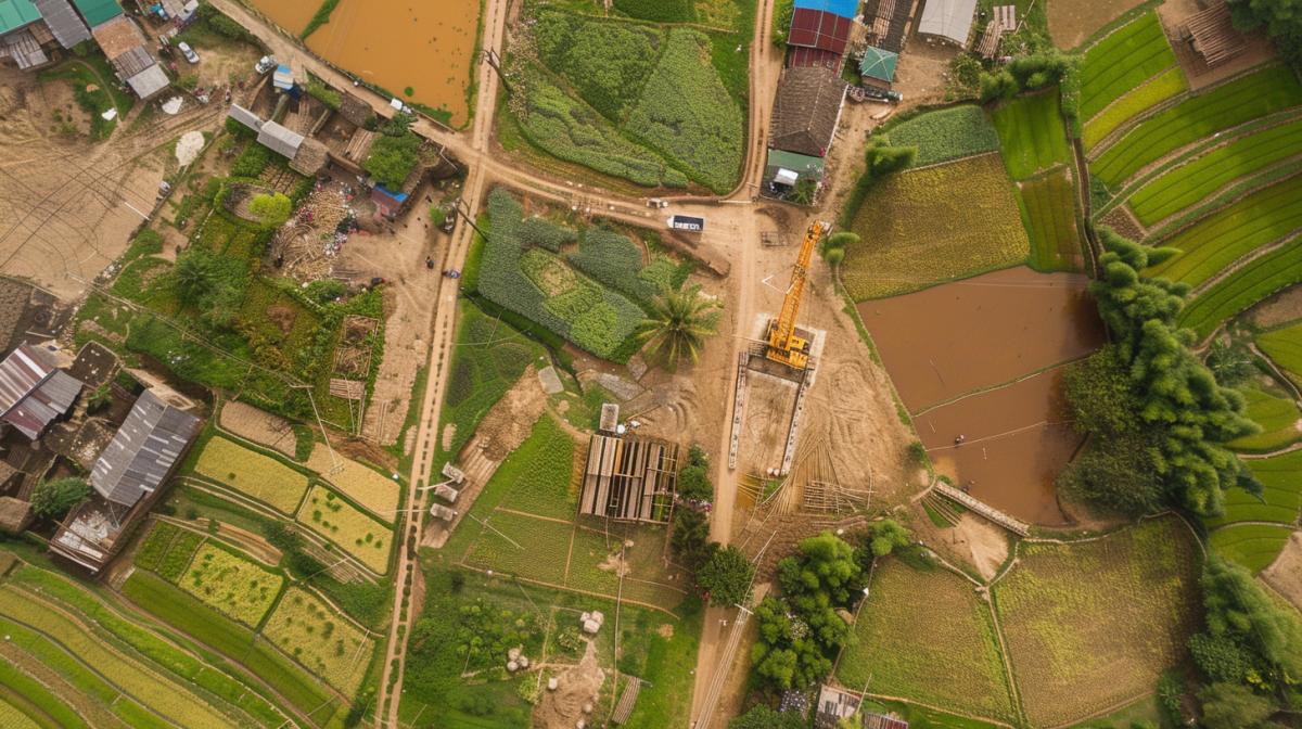Birds eye view of a crane. to a village with fields