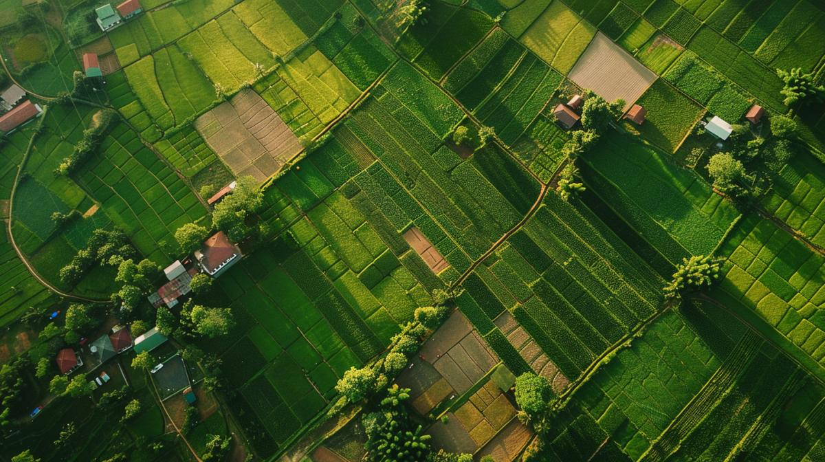 Birds eye view of a crane. to a village with fields
