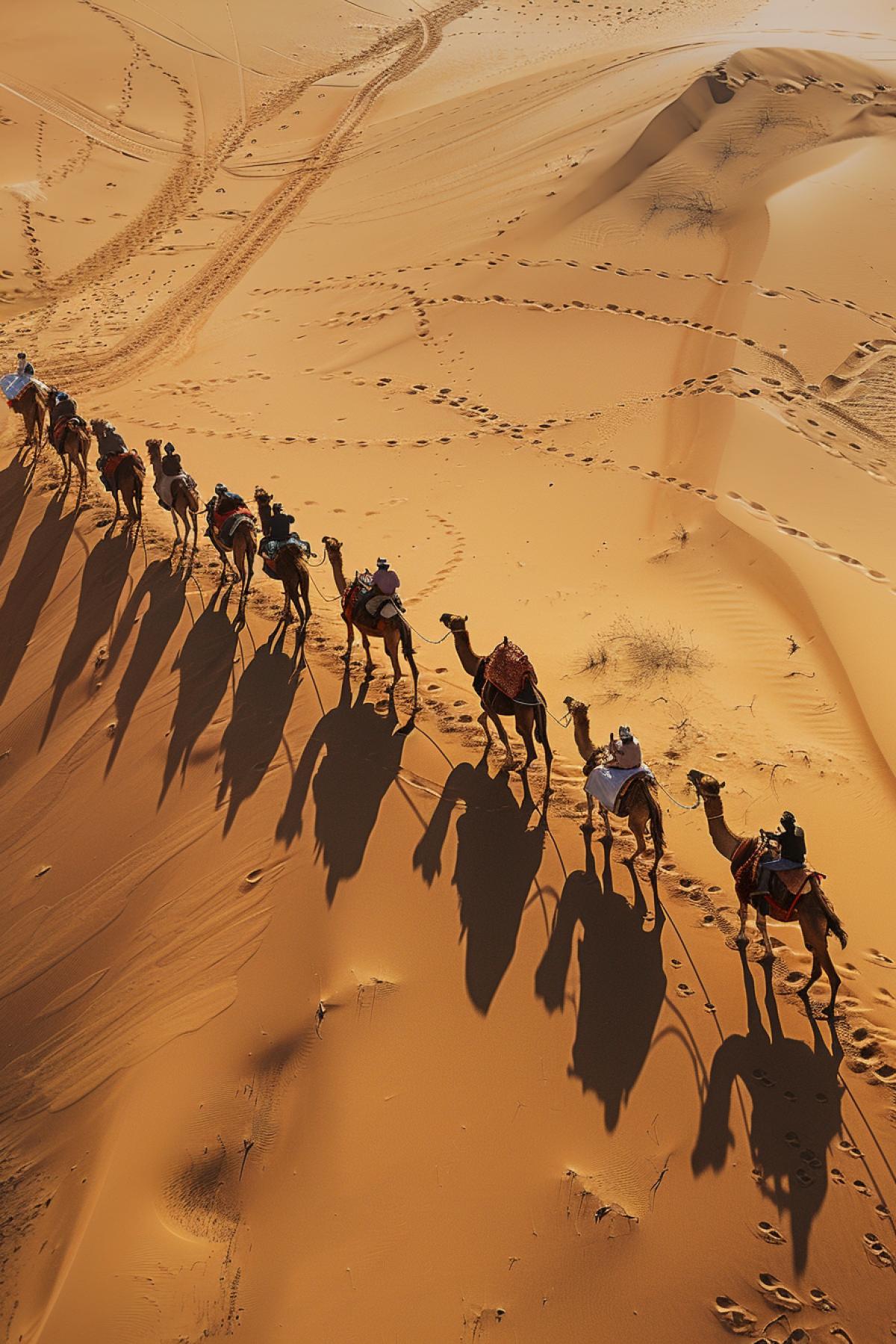 Camel caravan in the desert, birds eye view, detailed photo, high resolution