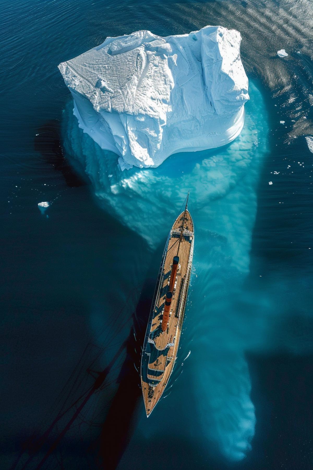 Titanics collision with an iceberg, birds eye view.