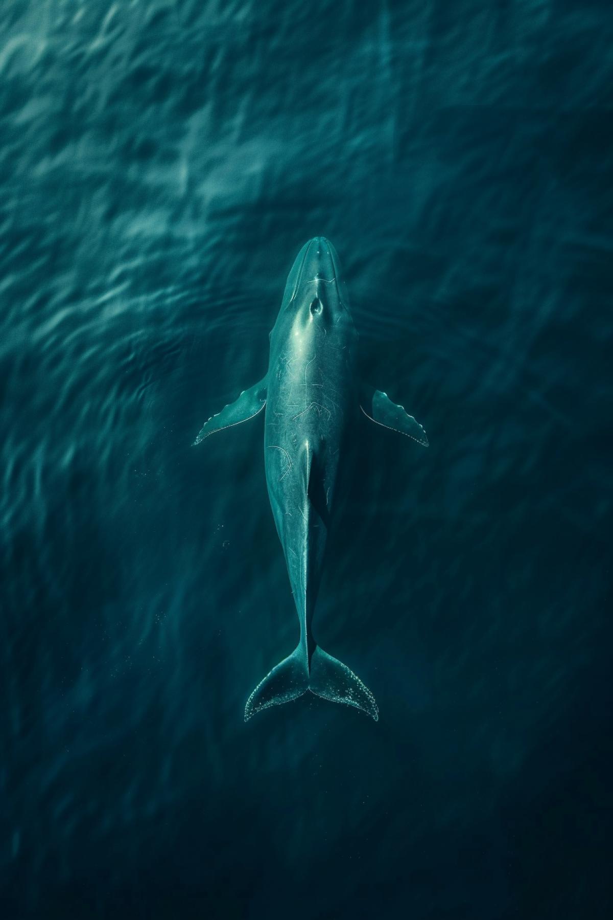 A blue whale swims underwater in the northern sea, birds eye view, the power of nature, the purity of water