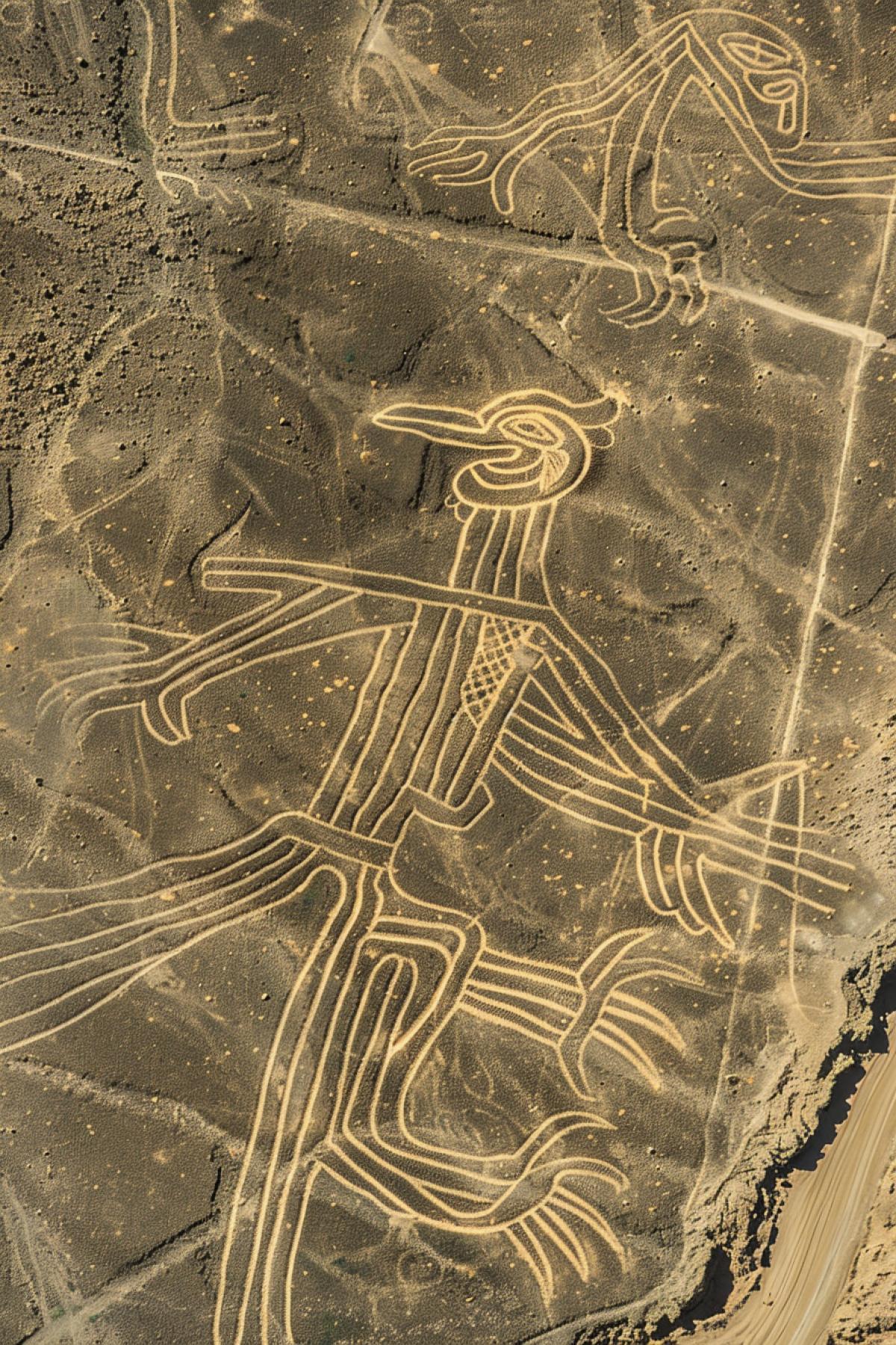 Geoglyphs of the Nazca plateau from a birds eye view, detail