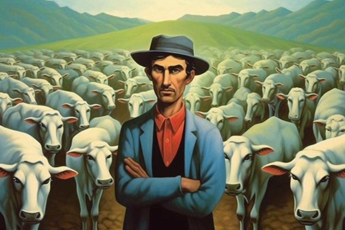 Farmer on a farm and many cows, renaissance painting