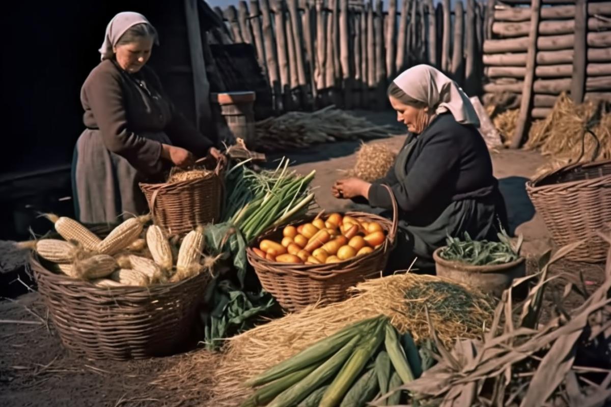 Harvesting corn, carrots, tomatoes. Life on a farm, collective farm in the USSR, documentary photo.