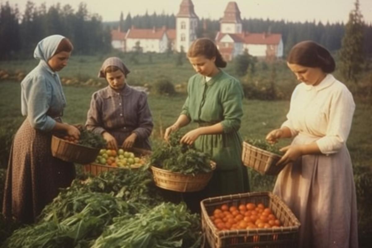 Harvesting corn, carrots, tomatoes. Life on a farm, collective farm in the USSR, documentary photo.