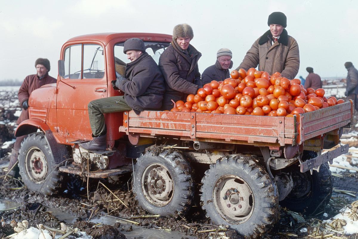 Harvesting corn, carrots, tomatoes. Life on a farm, collective farm in the USSR, documentary photo.