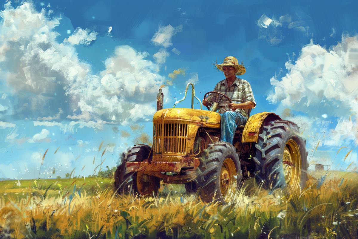 A man rides a yellow tractor on a farm, a straw in his mouth, a straw hat on his head, a plaid shirt, realism, sun