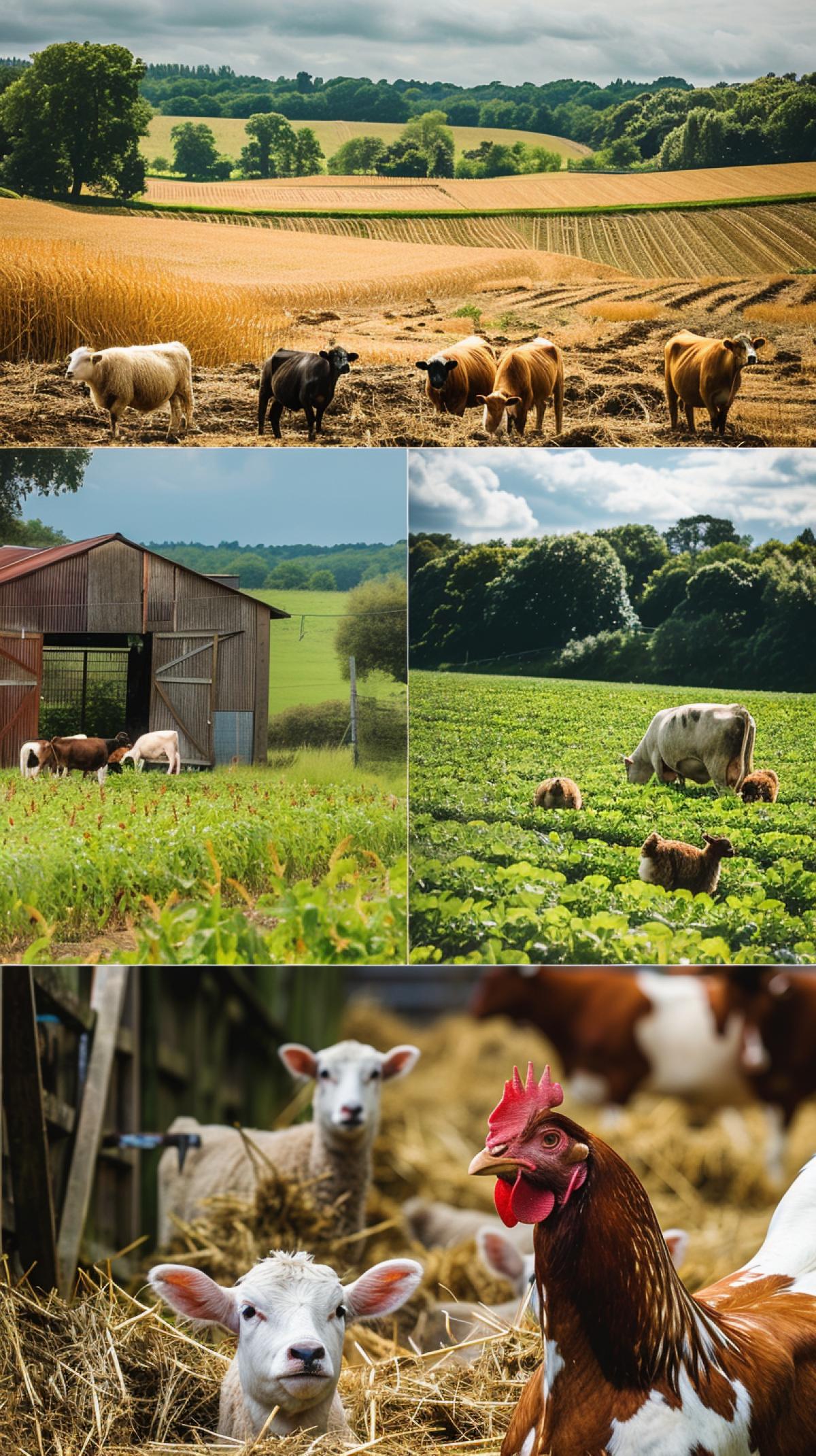 A series of stunning, high-quality photos capturing the essence of life on a farm. The first image shows a vast field with golden crops swaying in the gentle breeze, with a farmer in the distance tending to the land. The second photo features a lush, green pasture filled with grazing cows and sheep, their contented expressions a testament to the farms abundance. The third image captures the interior of a barn with haystacks and farm equipment, while the fourth highlights a well-organized poultry house filled with healthy, content chickens. The fifth photo showcases a farmer carefully harvesting ripe fruits and vegetables in a nearby field, while the sixth captures a group of happy children helping their parents with farm tasks. The overall theme of these photos is the harmony and collaboration between humans and nature in the world of farming., photo
