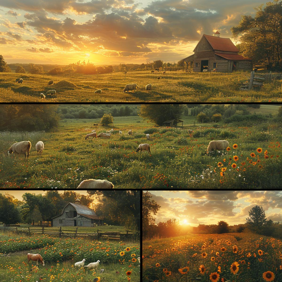 A series of cinematic farm images portraying different aspects of life on a prosperous farm. The first image is a panoramic view of a vast, fertile field with golden ripened crops stretching as far as the eye can see. The second image captures the tranquility of grazing animals in a lush pasture, with sheep, cows, and horses peacefully coexisting. The third image focuses on an old-fashioned barn, its wooden structure showcased in rich detail against the backdrop of a sunset sky. The fourth image is a close-up of a poultry house, with chickens pecking at the ground and a farmer tending to their needs. The final image captures the essence of farm work, with a farmer and his family harvesting crops under the warm sunlight., cinematic, photo