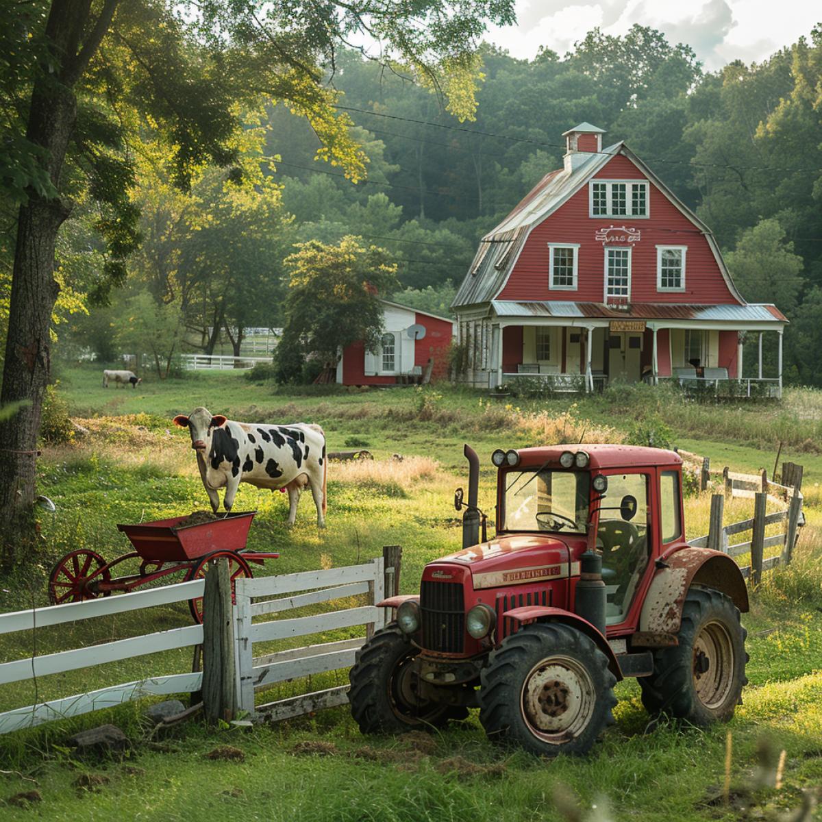A cinematic, Wes Anderson-inspired photo of life on a quaint, idyllic farm. The scene features a red barn with white trim, a white fence, and a serene pasture with contented cows. In the foreground, a vintage tractor and a colorful wheelbarrow add to the charming atmosphere. The color palette is predominantly muted pastel shades, with occasional pops of bright colors, creating a nostalgic and visually captivating image., cinematic, photo