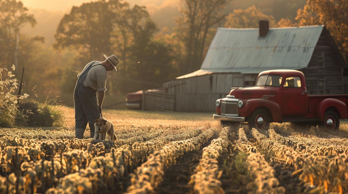 A cinematic, stylish photo depicting life on a farm. The scene is set early in the morning, with the sun just beginning to rise, casting a warm, golden light over the land. A farmer, wearing a weathered hat and overalls, is seen tending to his crops, while a dog loyally accompanies him. In the background, a vintage red truck is parked next to a small, rustic farmhouse. The overall atmosphere of the image is peaceful and nostalgic, with a touch of vintage charm., photo, cinematic
