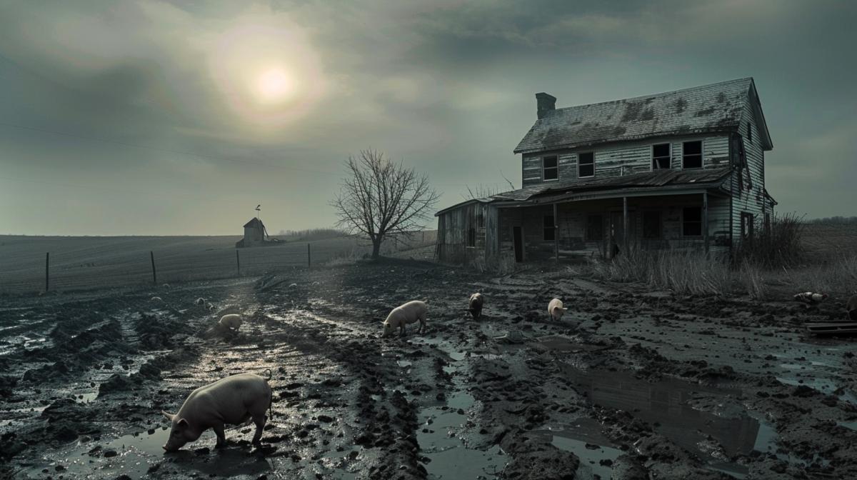 A dark and eerie cinematic photo of life on a farm with a horror movie vibe. The farmhouse is dilapidated, with peeling paint and broken windows, casting a sinister shadow on the barren land. Pigs and chickens are seen wandering in the mud, while a scarecrow stands tall in the distance. The sky is overcast, and the sun is luxuryly visible, casting a bleak, foreboding atmosphere. The overall image exudes a dark fantasy aura, with the farm appearing to be the setting of a terrifying story., photo, dark fantasy, cinematic