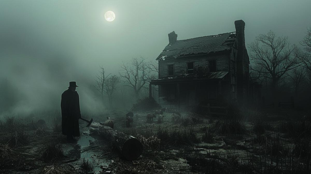 A hauntingly beautiful cinematic image of a man chopping wood on a farm at night. The atmosphere is eerie, with a full moon casting a pale light over the scene. The farm is desolate, with only a few silhouettes of animals and a lonely, dark house in the distance. The mans face is partially obscured by the shadow of his hat, adding an air of mystery. Strange symbols are carved into the wood, and the overall effect is a dark fantasy take on farm life that feels like it could be from a horror movie., photo, cinematic, dark fantasy