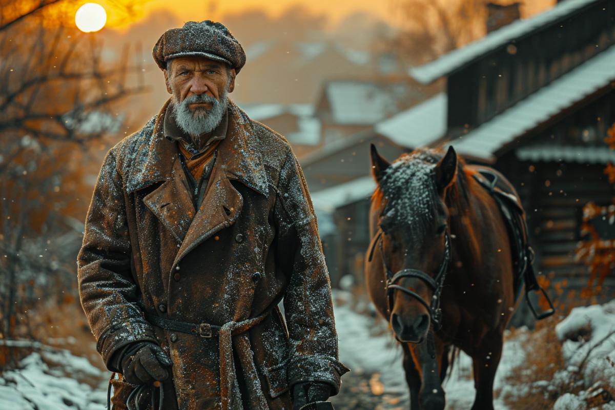 A captivating cinematic shot from a Soviet film depicting rural life. The scene is set in a sleepy village, with cobblestone streets and rustic wooden houses. In the foreground, an old man wearing a felt cap and a long coat is walking his horse through the village, while the sun sets in the background, casting a warm, golden light over the scene. The overall atmosphere is nostalgic and evokes a sense of time-honored tradition., cinematic, photo
