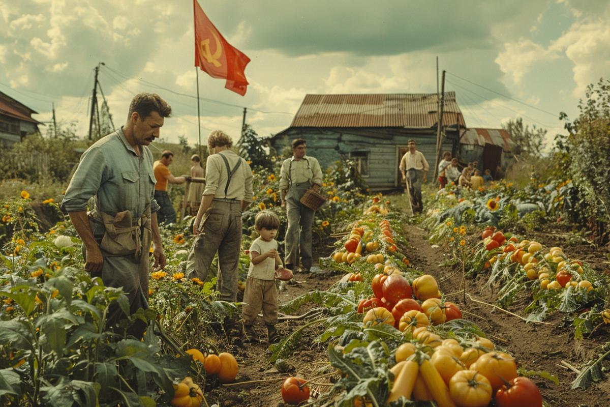 A nostalgic scene from a Soviet film depicting rural life in a vegetable garden. The image has a distinct VHS aesthetic, with warm, muted colors and a slight graininess. The frame captures a group of people working diligently in the garden, while a young child plays among the vibrant vegetables. In the background, a red flag waves, symbolizing the Soviet era, and a large, old-fashioned house stands proudly. The overall atmosphere evokes a sense of community and simplicity., cinematic, photo