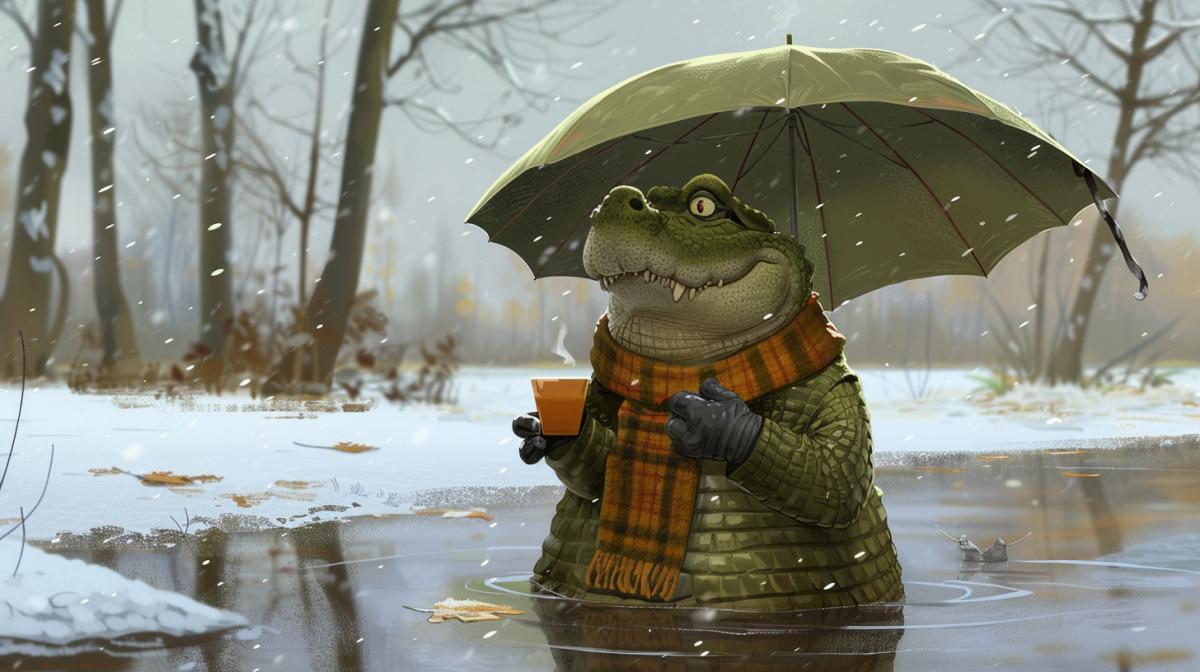 Crocodile Gena is sick, so he takes sea buckthorn tea and wears a woolen scarf around his neck. Shapoklyak sadly rests his chin on his umbrella.