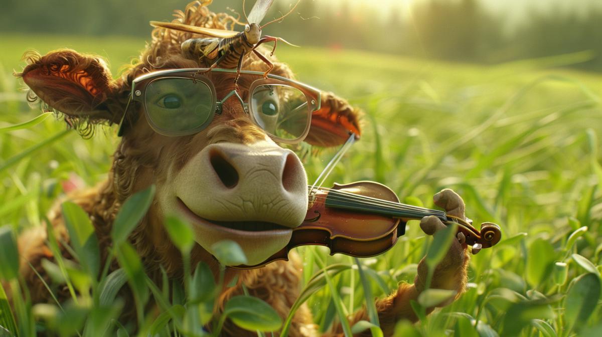 A young cow with a wet nose is chewing grass; on the cow’s forehead, a grasshopper with glasses is playing the violin. The huge field is illuminated by the sun, the farm is like a home for a cat.