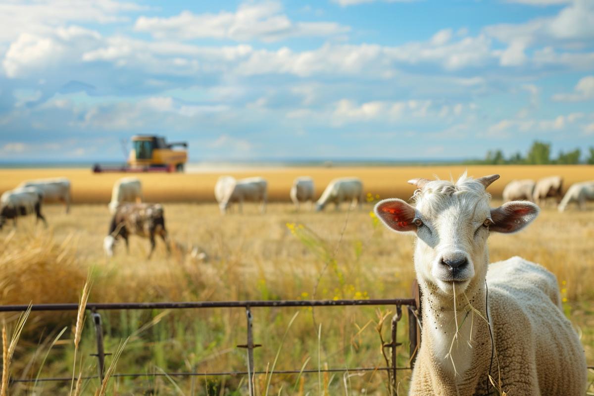 farm with livestock in an enclosure against the backdrop of a wheat field where a combine harvester is working