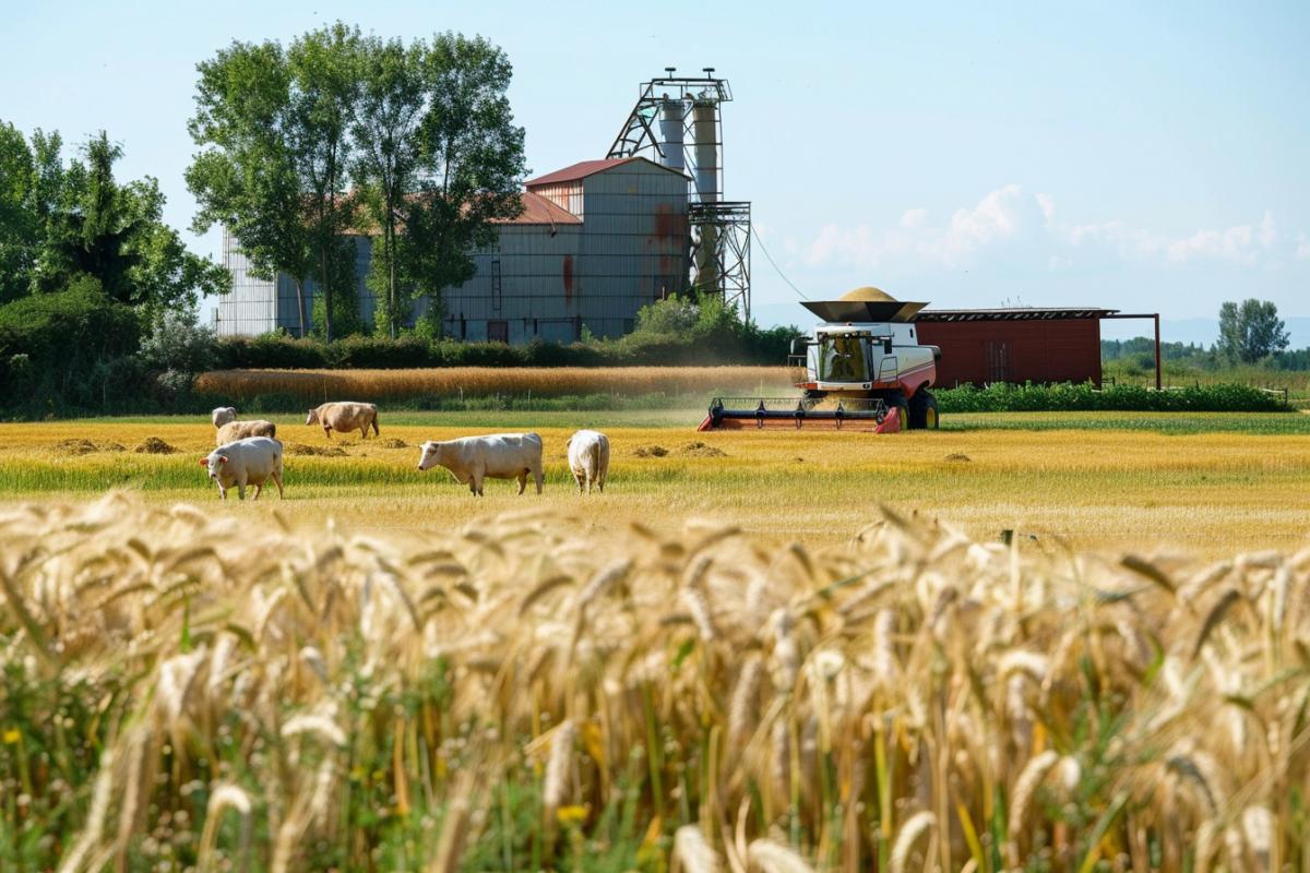 farm with livestock in an enclosure against the backdrop of a wheat field where a combine harvester is working