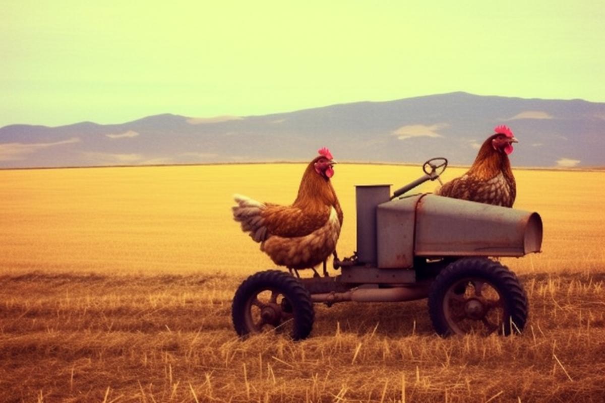 Chickens ride on tractors in a wheat field