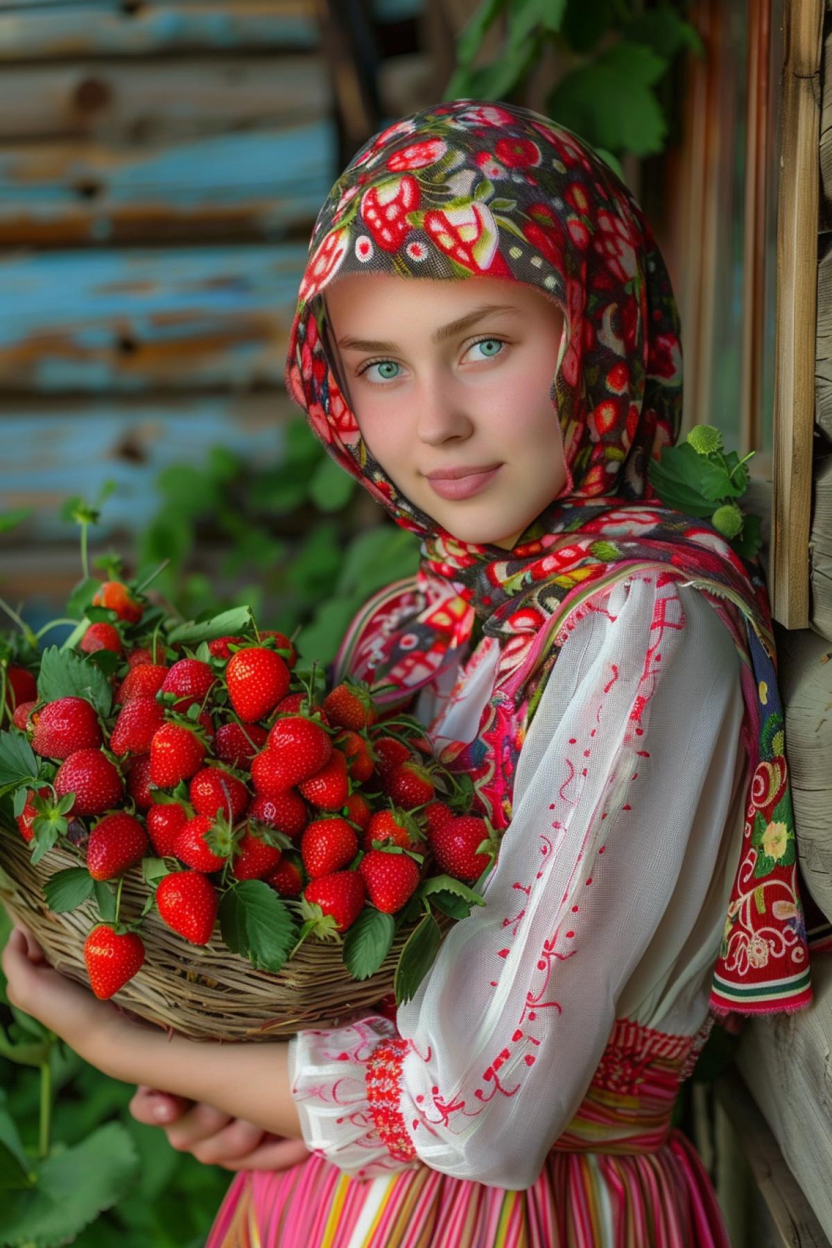 Strawberry harvest in a Russian village, the beauty of the farm, beautiful villagers