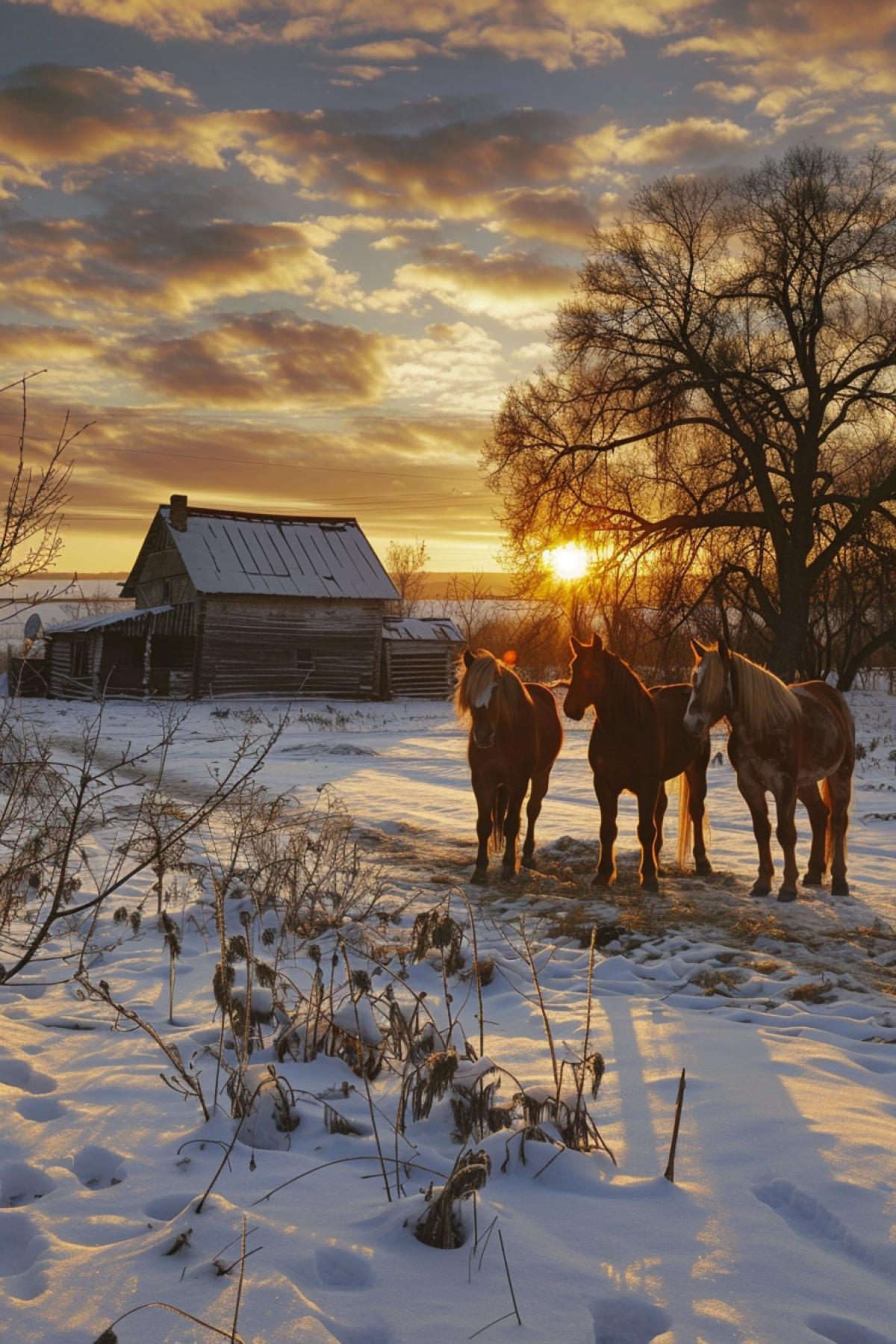 rural winter landscape, old village house, sunset, three horses,Horse farm, national geographic photo