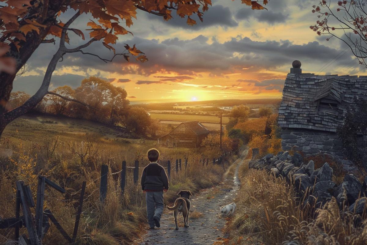 style of Norman Rockwell and H.R. Giger, a young boy and his dog walking down the laneway to their farm at sunset