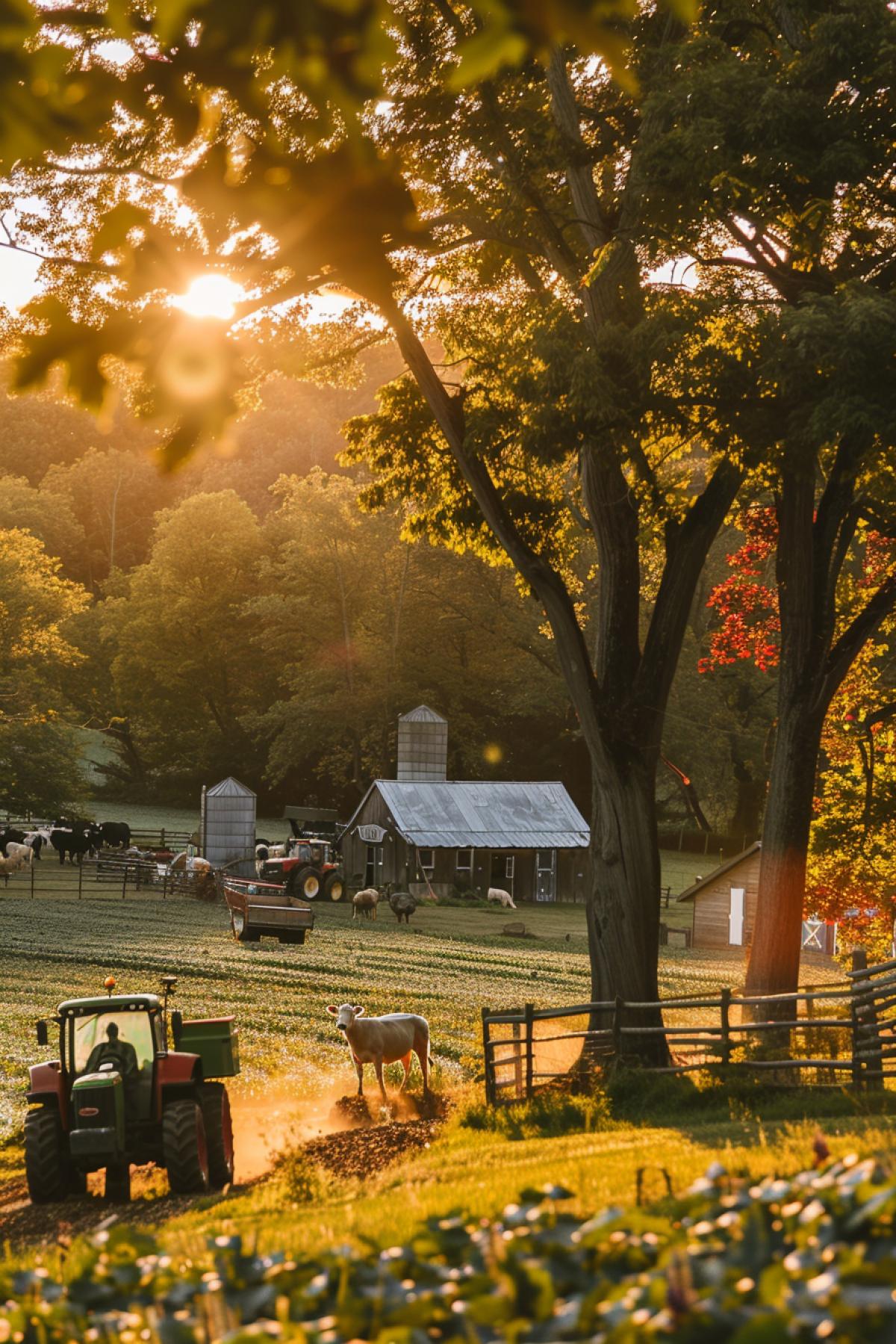 the great and charm farm ville with [farmer, animals, tractor, trees] in a golden hour