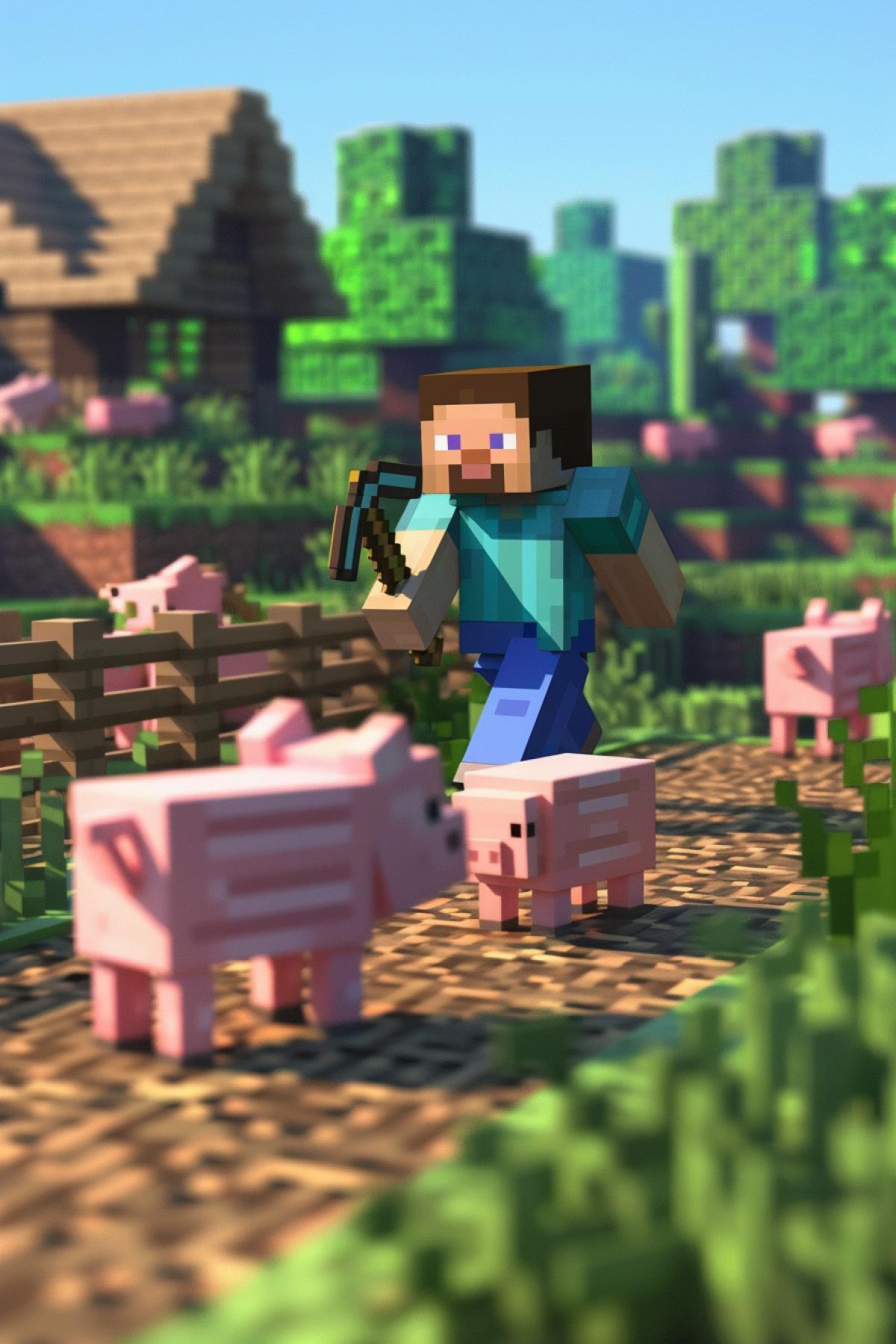 Steve from Minecraft is on a farm, walking around a pig pen, feeding piglets, wearing regular farm clothes