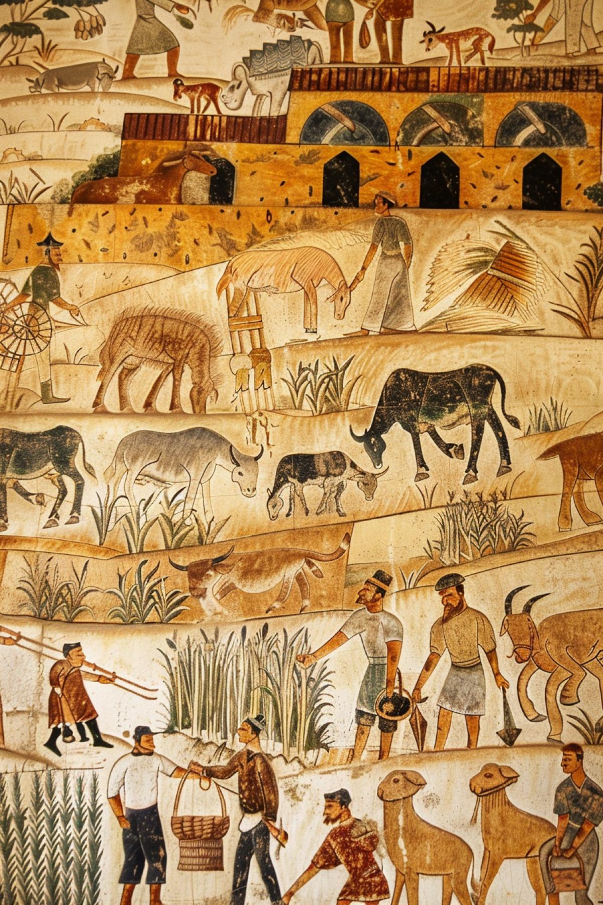 images depicting various aspects of life on a farm. , as well as scenes of caring for animals, harvesting and other agricultural work.