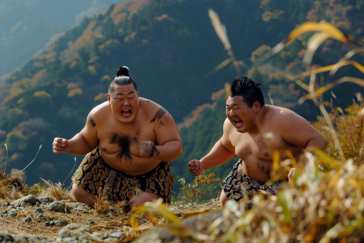 sumo wrestling on a mountain trail. very emotional faces