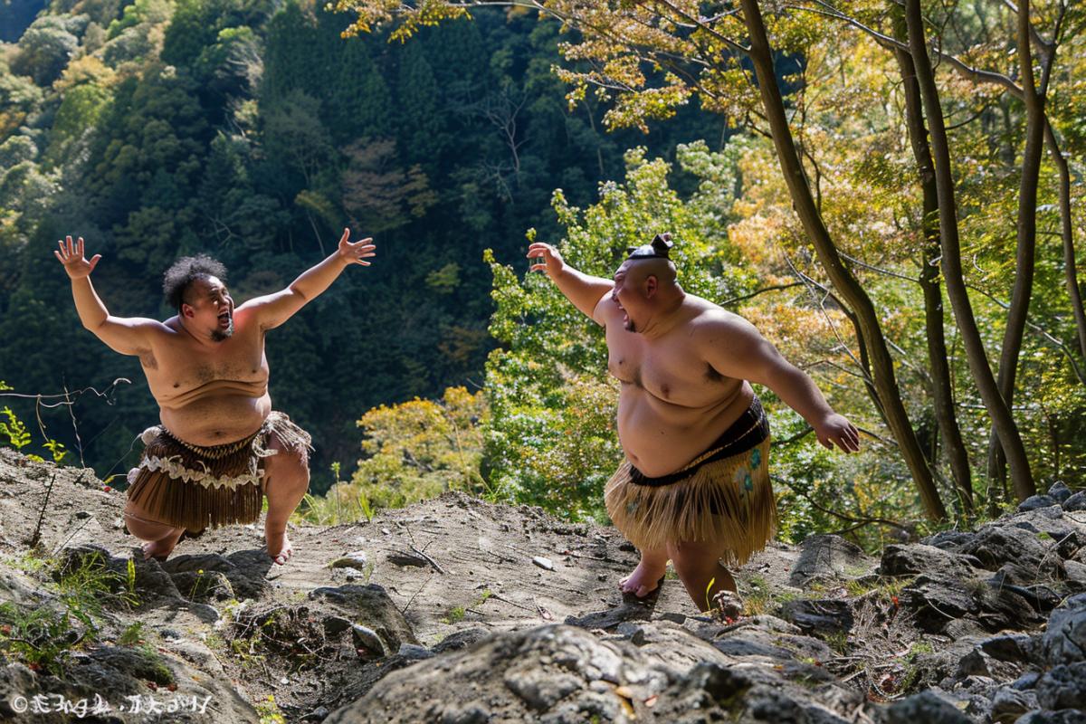 sumo wrestling on a mountain trail. very emotional faces