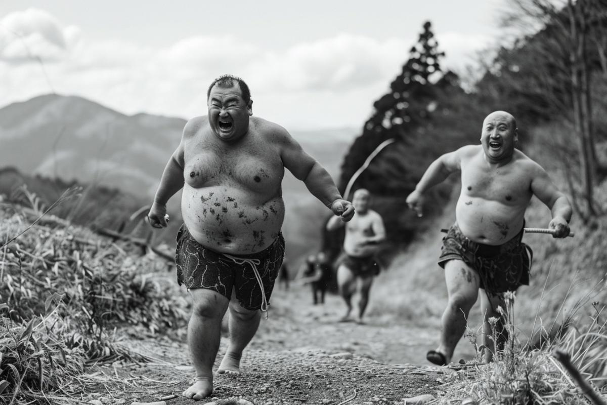 sumo wrestling on a mountain trail. very emotional faces