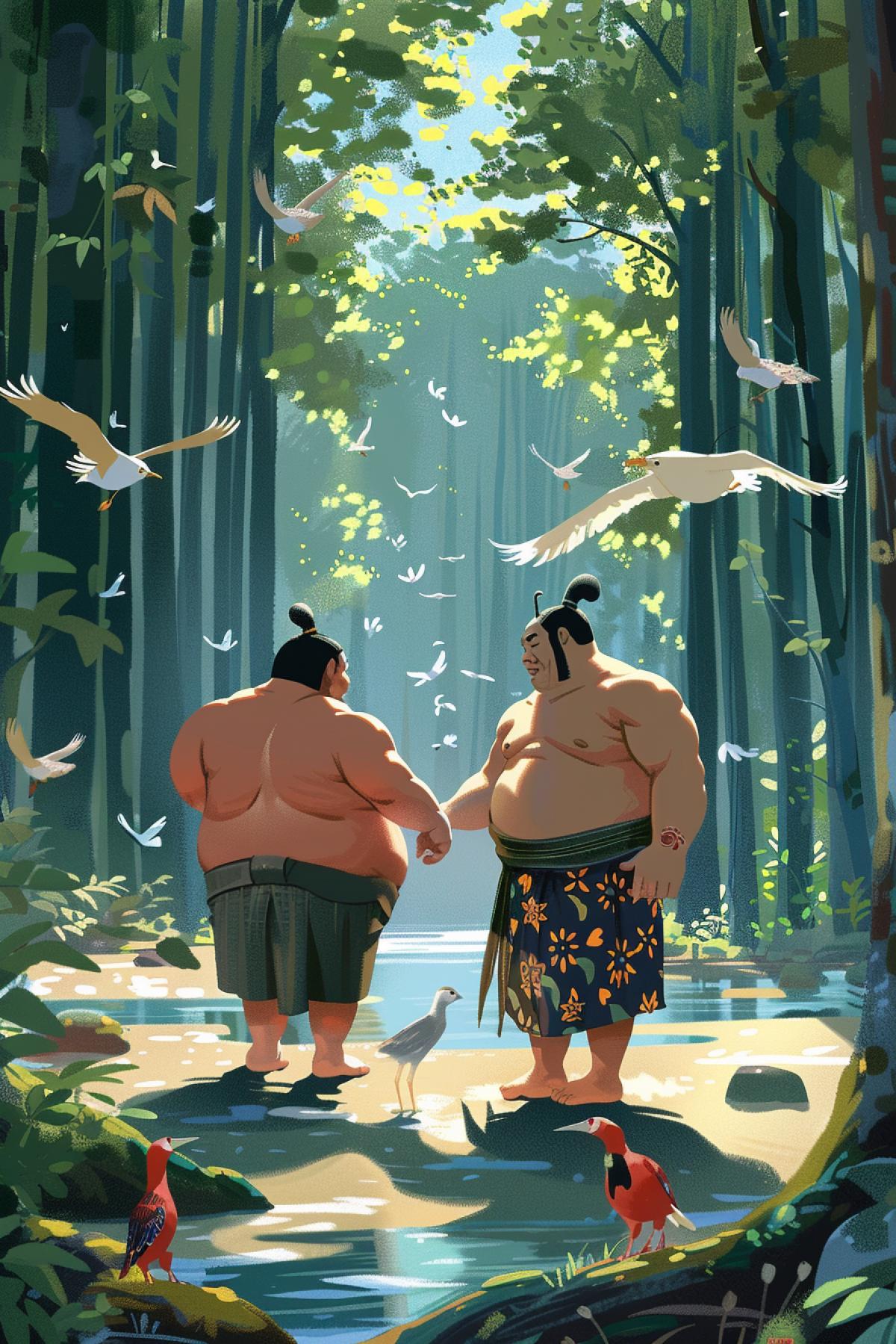 Two sumo wrestlers walking in the forest, nice conversation, good day, birds, deer, beautiful nature