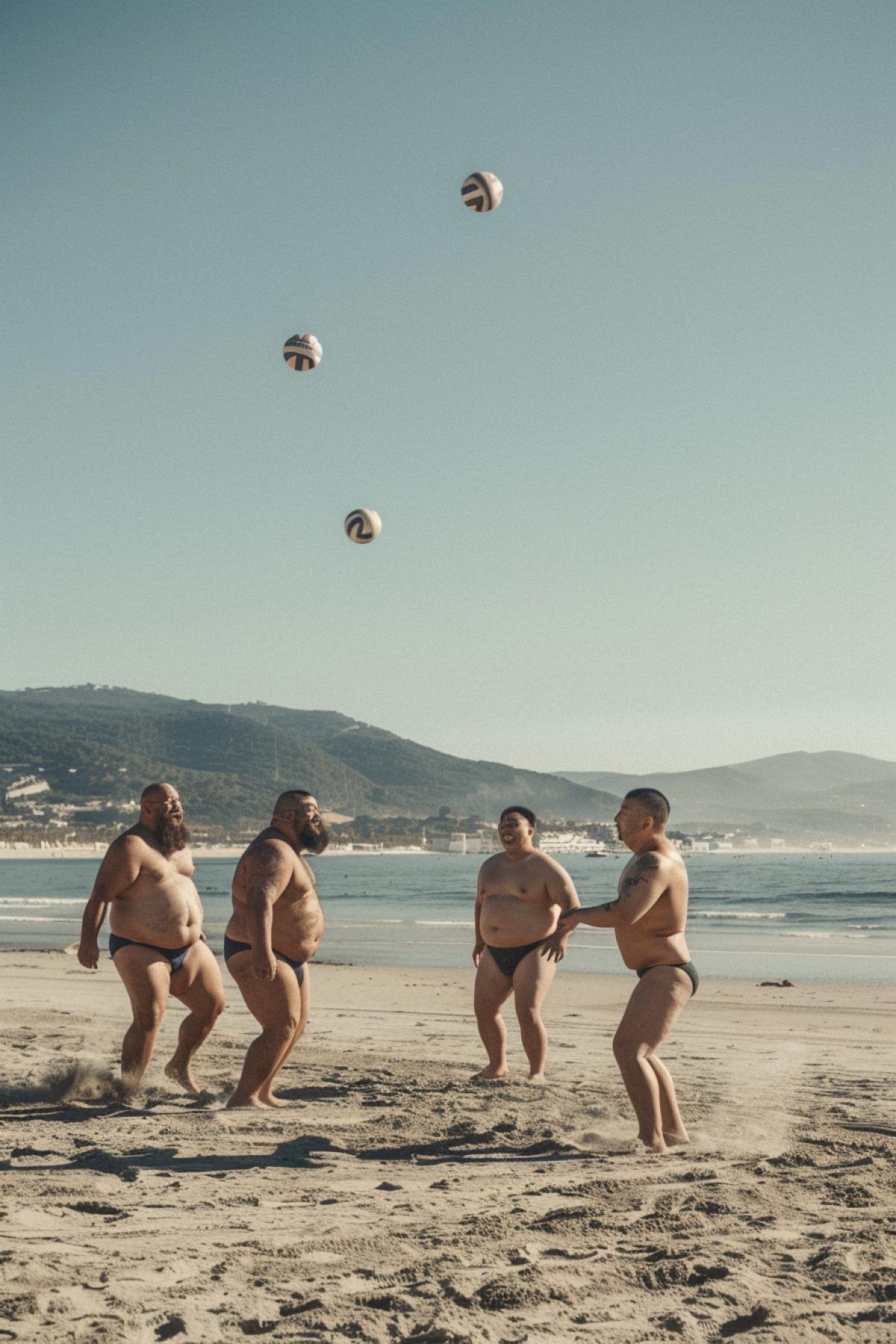 Very fat sumo wrestlers on the beach playing beach volleyball, dynamic shot