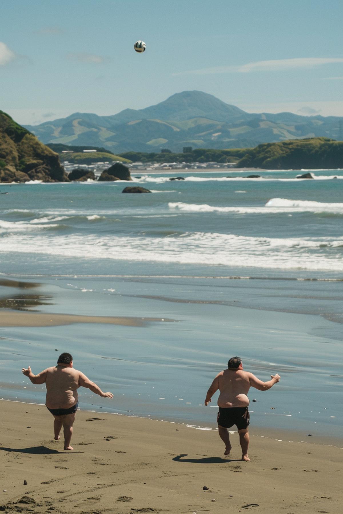 Very fat sumo wrestlers on the beach playing beach volleyball, dynamic shot